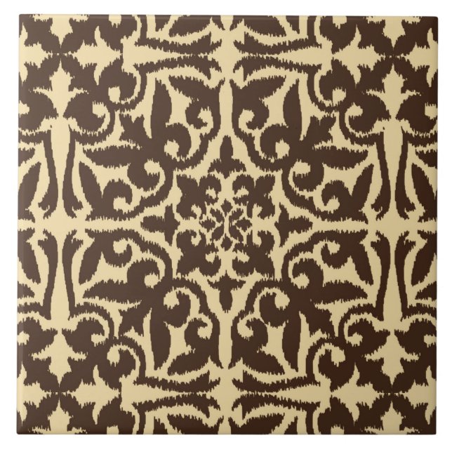 Ikat damask-mönster - Chocolate Brown och Tan Kakelplatta (Framsidan)