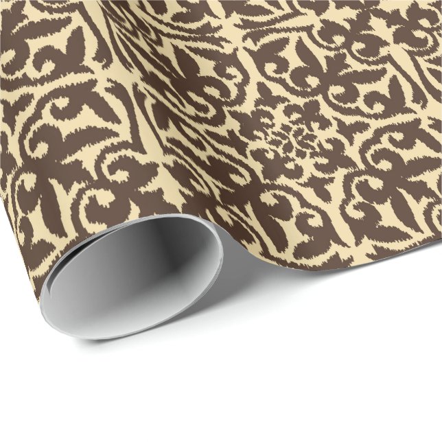 Ikat damask-mönster - Chocolate Brown och Tan Presentpapper (Rullad Hörn)