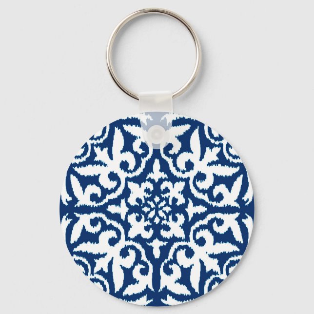 Ikat damask-mönster - Cobalt Blue och White Nyckelring (Framsida)
