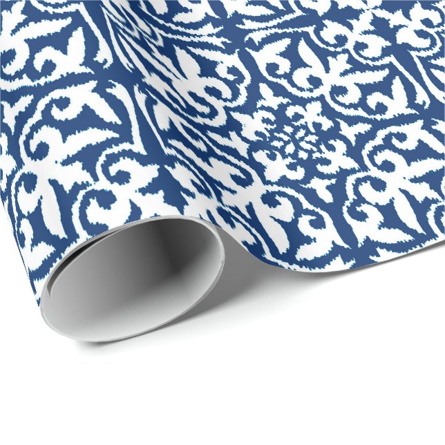 Ikat damask-mönster - Cobalt Blue och White Presentpapper (Rullad Hörn)