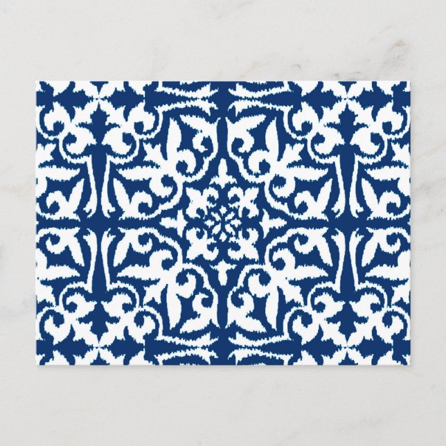 Ikat damask-mönster - Cobalt Blue och White Vykort (Framsida)