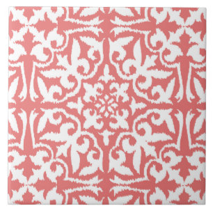 Ikat damask-mönster - Coral Rosa and White Kakelplatta