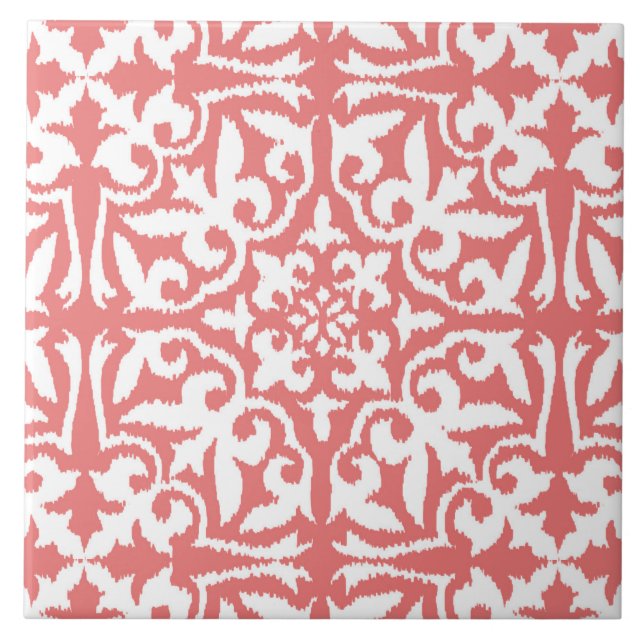 Ikat damask-mönster - Coral Rosa and White Kakelplatta (Framsidan)