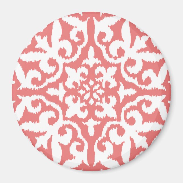 Ikat damask-mönster - Coral Rosa and White Magnet (Framsidan)