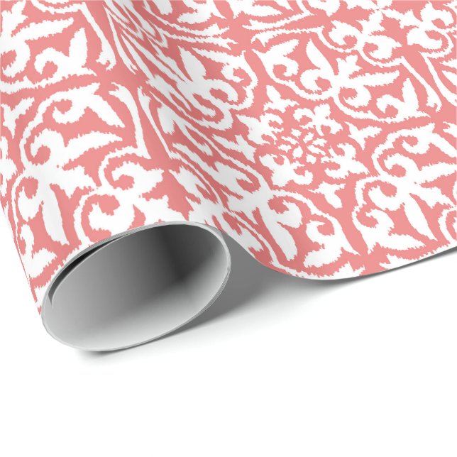 Ikat damask-mönster - Coral Rosa and White Presentpapper (Rullad Hörn)