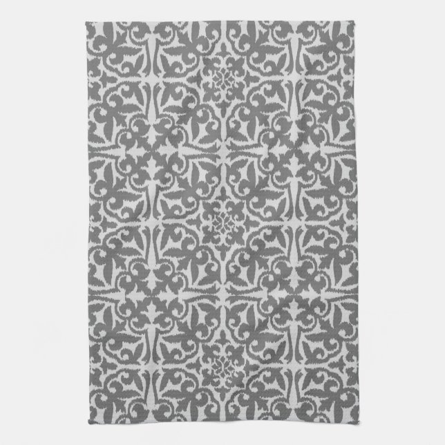 Ikat damask-mönster - Light och Medium-Grått Kökshandduk (Vertikal)