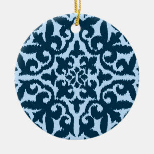 Ikat damask-mönster - Mörk Indigo och Light Blue Julgransprydnad Keramik