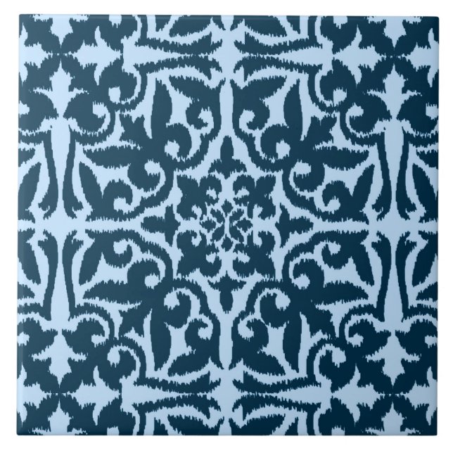 Ikat damask-mönster - Mörk Indigo och Light Blue Kakelplatta (Framsidan)