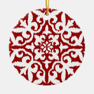 Ikat damask-mönster - Mörk Red and White Julgransprydnad Keramik