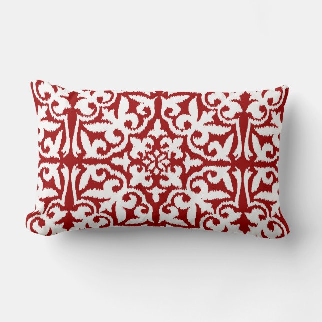 Ikat damask-mönster - Mörk Red and White Lumbarkudde (Framsida)