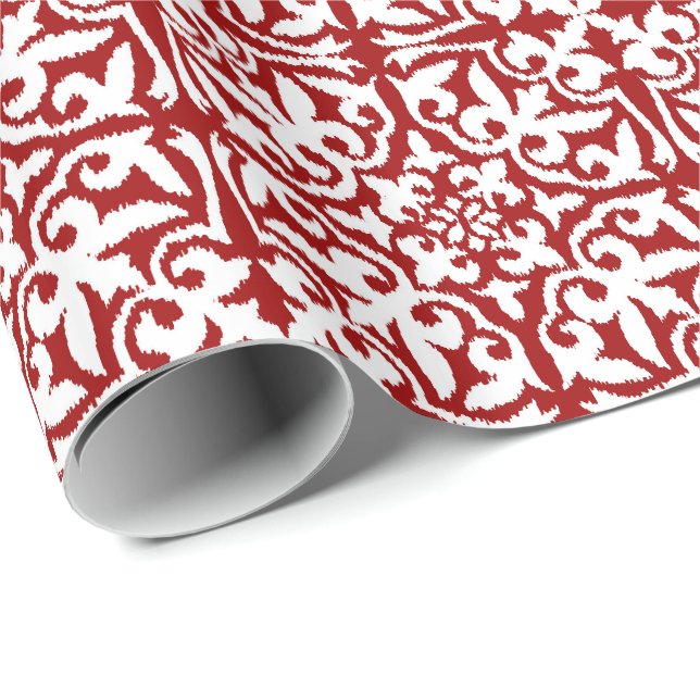 Ikat damask-mönster - Mörk Red and White Presentpapper (Rullad Hörn)