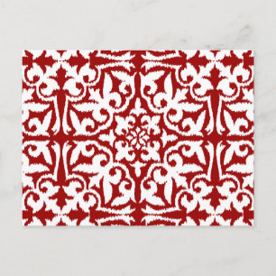 Ikat damask-mönster - Mörk Red and White Vykort