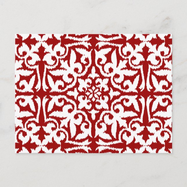 Ikat damask-mönster - Mörk Red and White Vykort (Framsida)