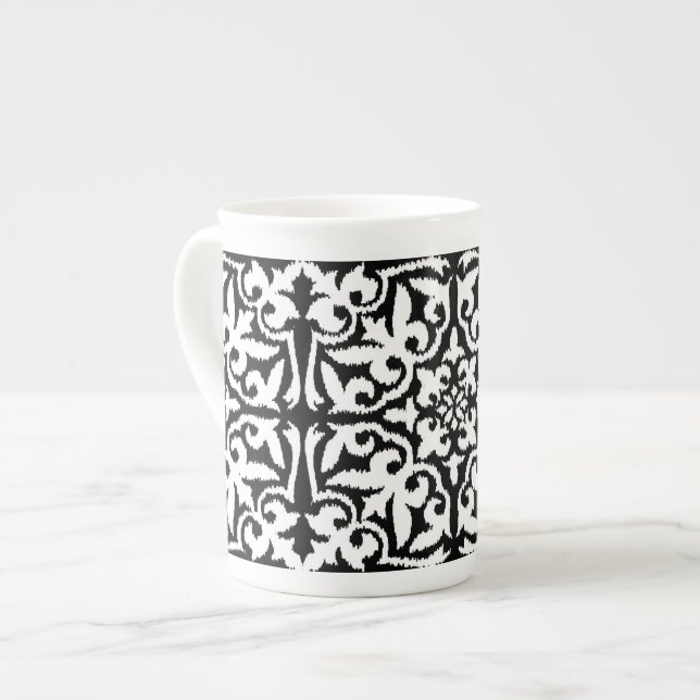 Ikat damask-mönster - svart och vitt benporslin mugg (Framsida vänster)