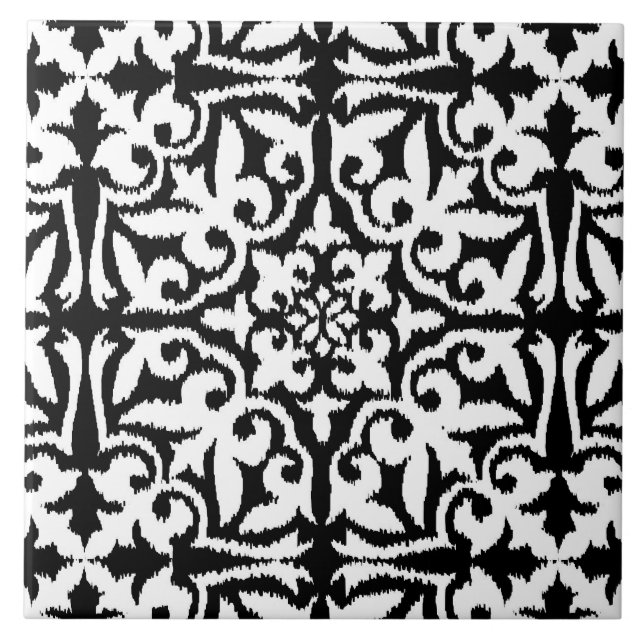 Ikat damask-mönster - svart och vitt kakelplatta (Framsidan)