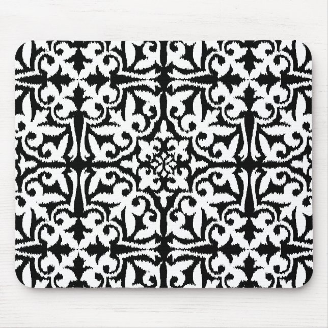 Ikat damask-mönster - svart och vitt musmatta (Framsidan)