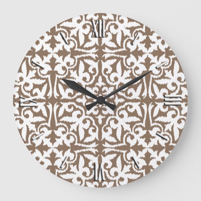 Ikat damask-mönster - Taupe Tan och White Stor Klocka (Framsida)