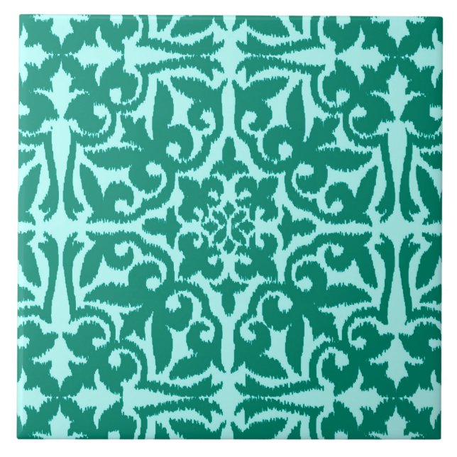 Ikat damask-mönster - Turquise och Aqua Kakelplatta (Framsidan)