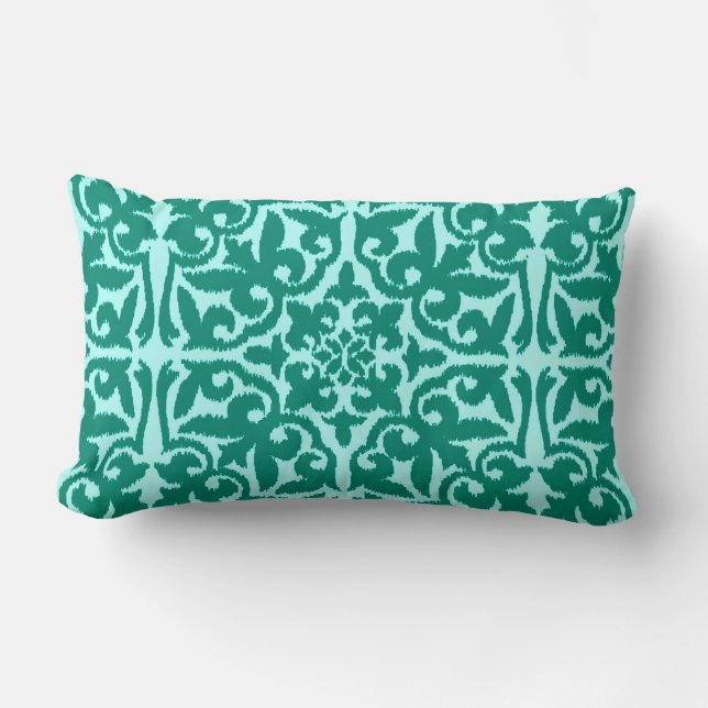 Ikat damask-mönster - Turquise och Aqua Lumbarkudde (Framsida)