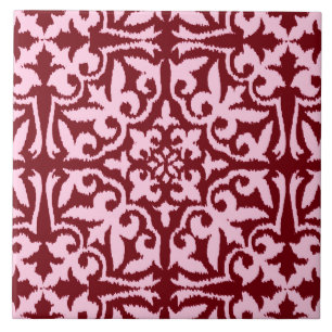 Ikat damastast mönster - Burgundy och rosor Kakelplatta
