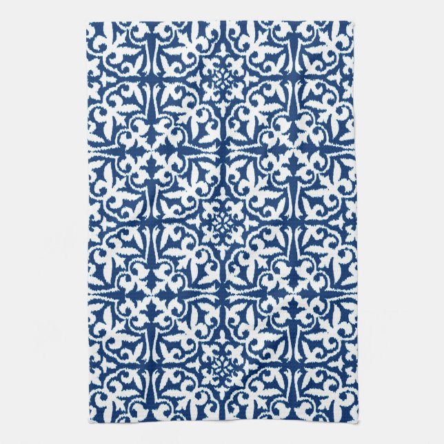 Ikat damastast mönster - koboltblått och vit kökshandduk (Vertikal)
