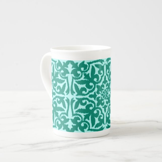 Ikat damastmönster - Turkos och Aqua Benporslin Mugg (Framsida vänster)