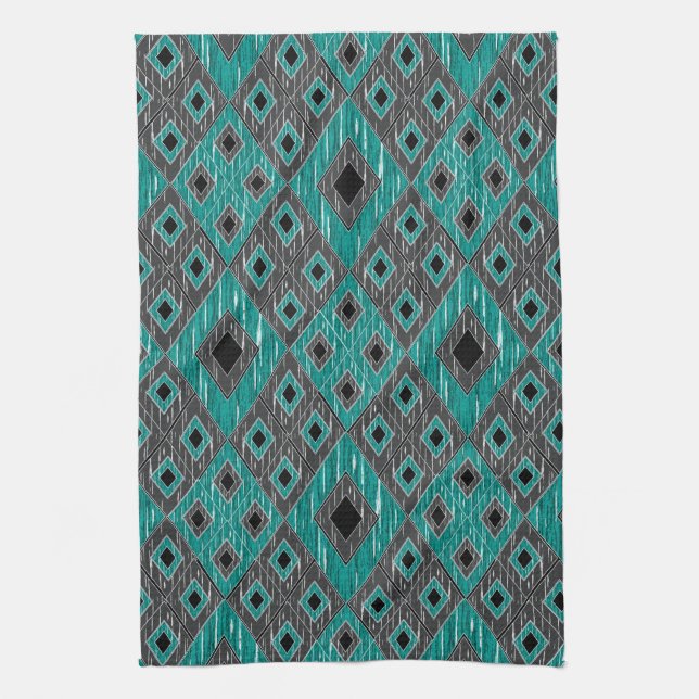 Ikat Diamond Mönster - Teal Black Kökshandduk (Vertikal)