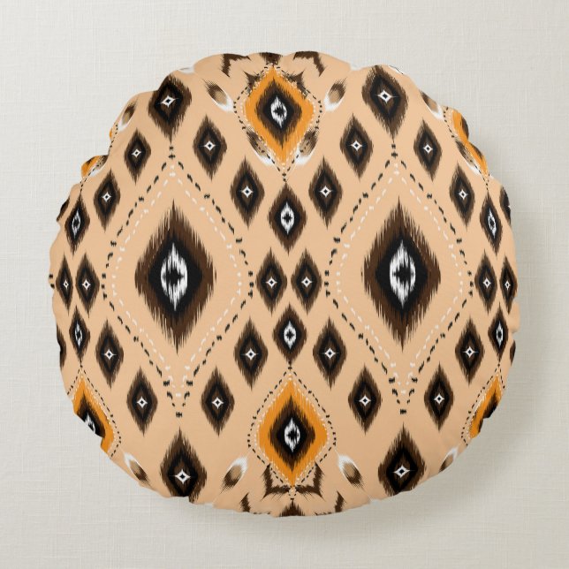 Ikat Ethnic Geometric Folklore Mönster Rund Kudde (Framsidan)