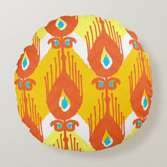 Ikat Fabric Mönster: Ethnic Vintage Design. Rund Kudde (Framsidan)