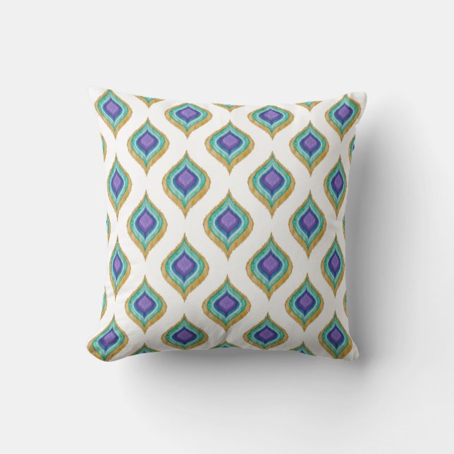 IKAT Modern Vintage Peacock Feather Öga, mönster Kudde (Framsida)