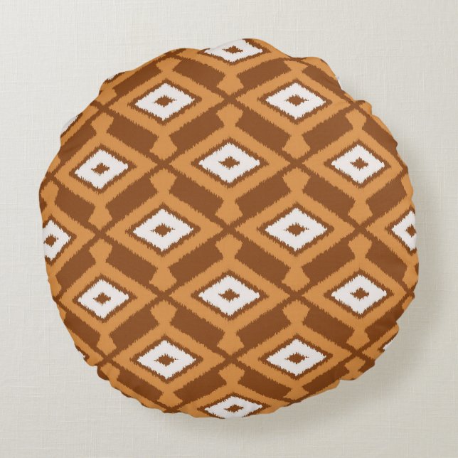 Ikat-mönster - Brun, Rost och Kräm Rund Kudde (Baksidan)