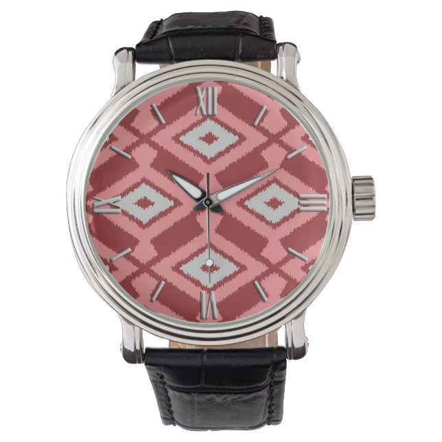 Ikat Mönster - Burgundy, Grått och Coral Armbandsur (Framsida)