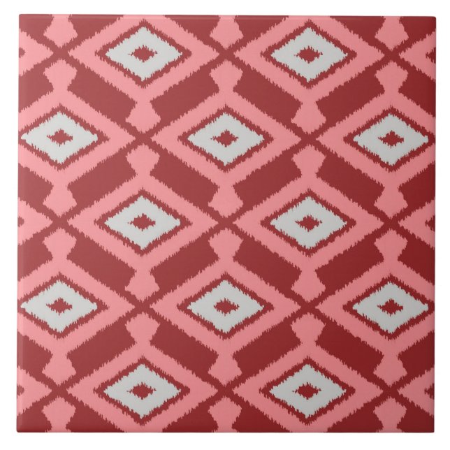 Ikat Mönster - Burgundy, Grått och Coral Kakelplatta (Framsidan)
