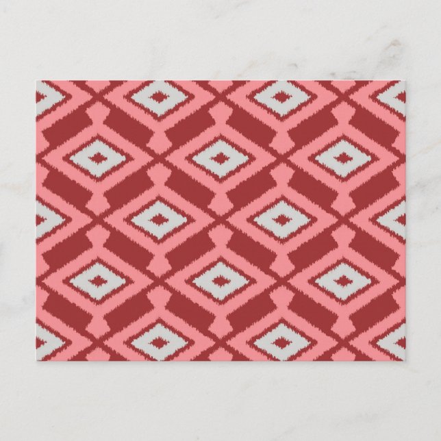 Ikat Mönster - Burgundy, Grått och Coral Vykort (Framsida)