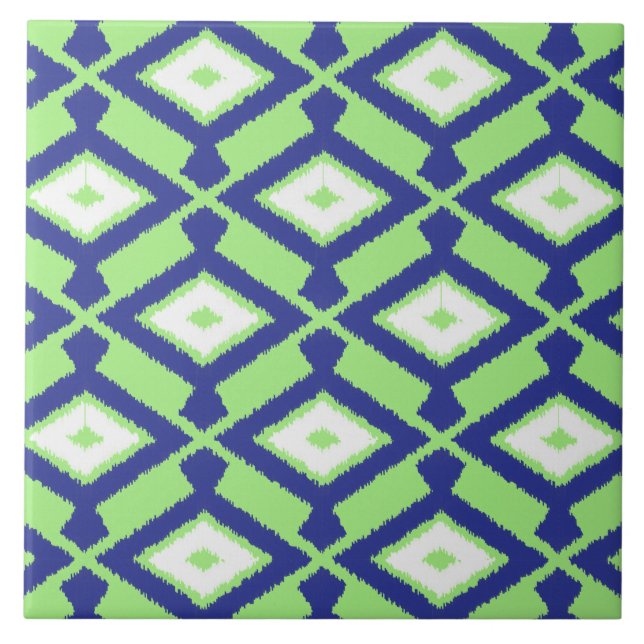 Ikat Mönster - Grönt, Indigo Blue och White Kakelplatta (Framsidan)