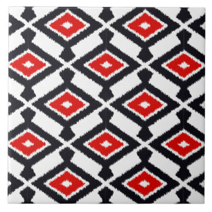 Ikat Mönster - Mörk Red, Black and White Kakelplatta