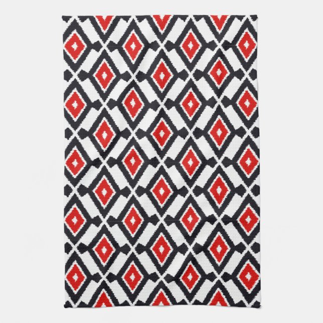 Ikat Mönster - Mörk Red, Black and White Kökshandduk (Vertikal)