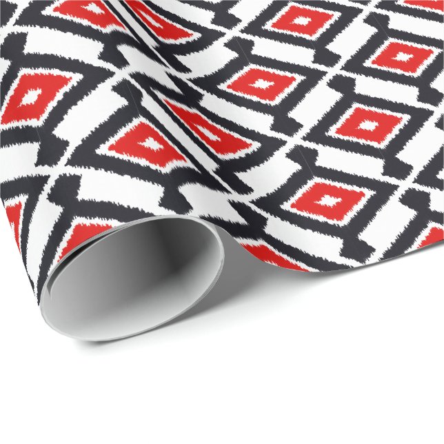 Ikat Mönster - Mörk Red, Black and White Presentpapper (Rullad Hörn)