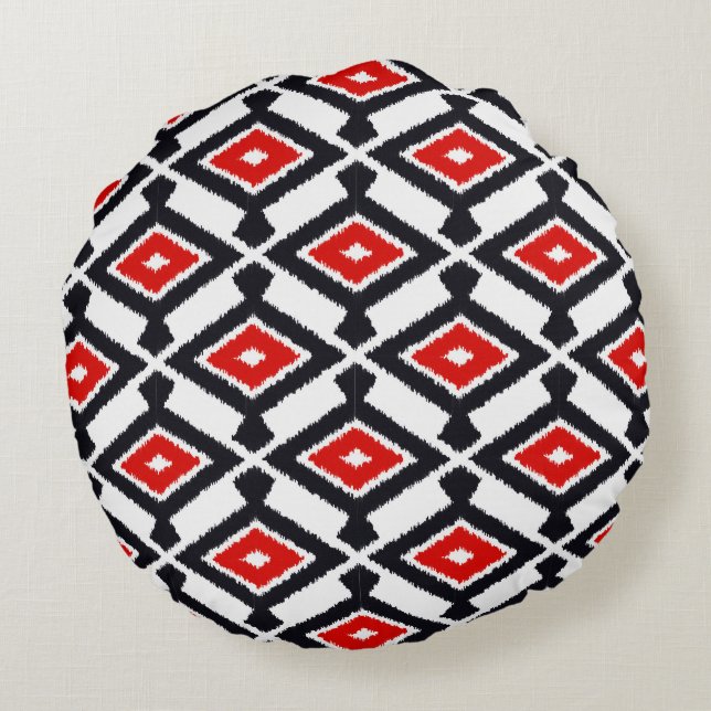 Ikat Mönster - Mörk Red, Black and White Rund Kudde (Baksidan)