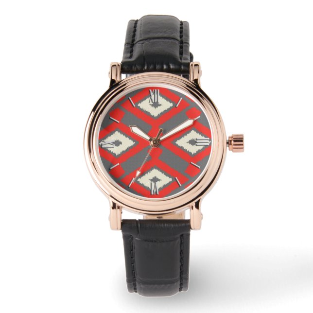 Ikat Mönster - Red, Grått och Beige Armbandsur (Framsida)