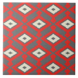 Ikat Mönster - Red, Grått och Beige Kakelplatta