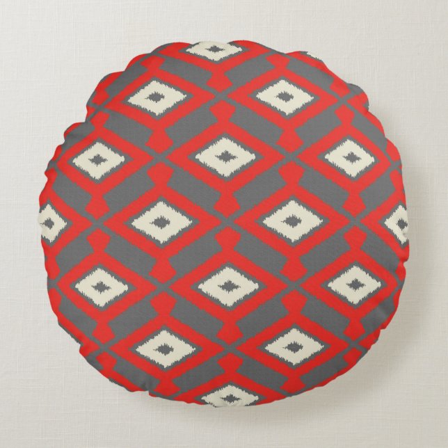 Ikat Mönster - Red, Grått och Beige Rund Kudde (Framsidan)