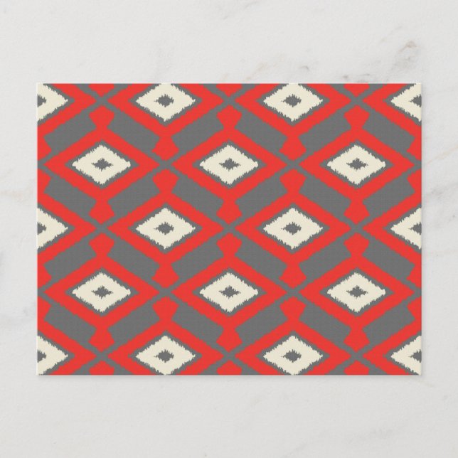 Ikat-mönster - Röd, Grå och Beige Vykort (Framsida)
