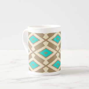 Ikat Mönster - Turcouise, Taupe och Beige Benporslin Mugg