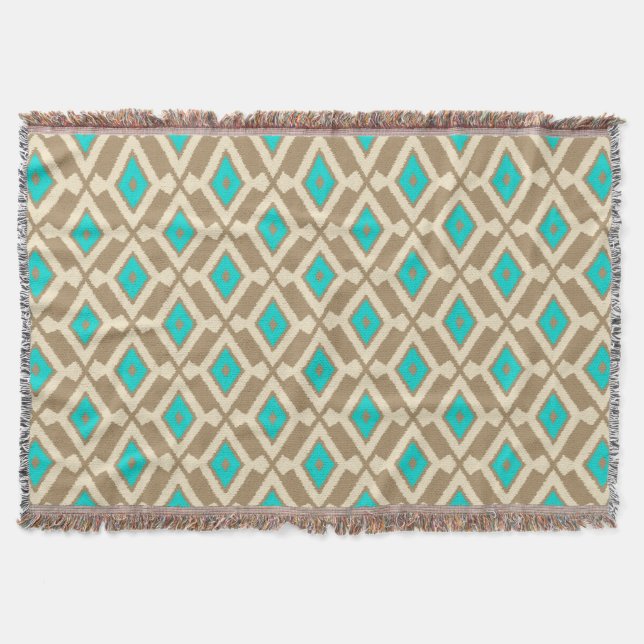 Ikat Mönster - Turcouise, Taupe och Beige Filt (Framsidan)