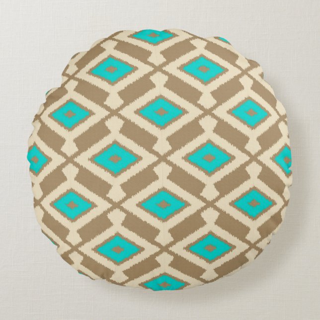 Ikat Mönster - Turcouise, Taupe och Beige Rund Kudde (Framsidan)