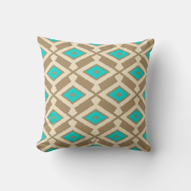 Ikat-mönster - Turkos, Taupe och Beige Kudde (Framsida)