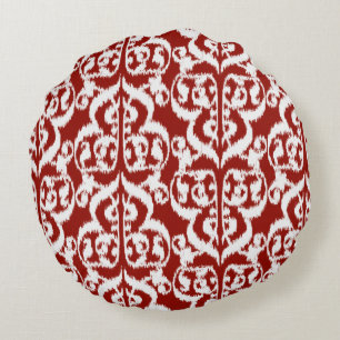 Ikat Moorish Damask - mörk röd och vit Rund Kudde