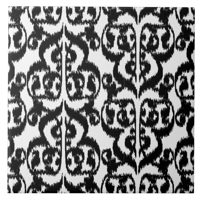 Ikat Moorish Damask - svart och vitt Kakelplatta (Framsidan)