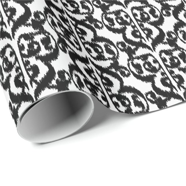 Ikat Moorish Damask - svart och vitt Presentpapper (Rullad Hörn)